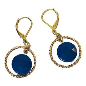 Vintage Lightweight Dangling Hoop Ball Stud Gold Tone Earrings  Gold/Blue